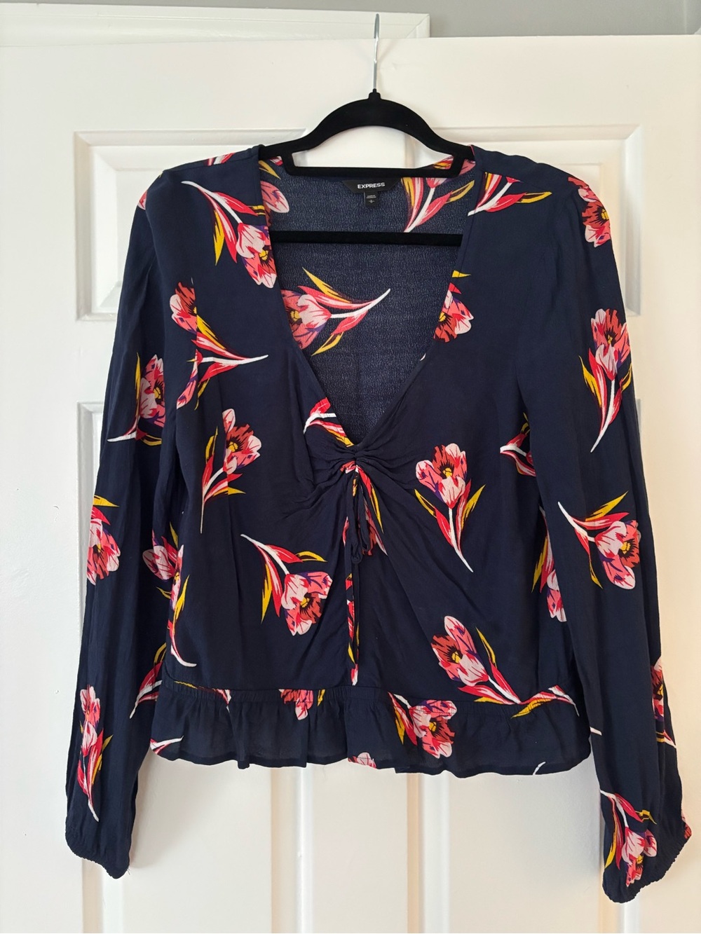 Express Floral Tie-Front Blouse with Pink & Yellow Accents - Size L